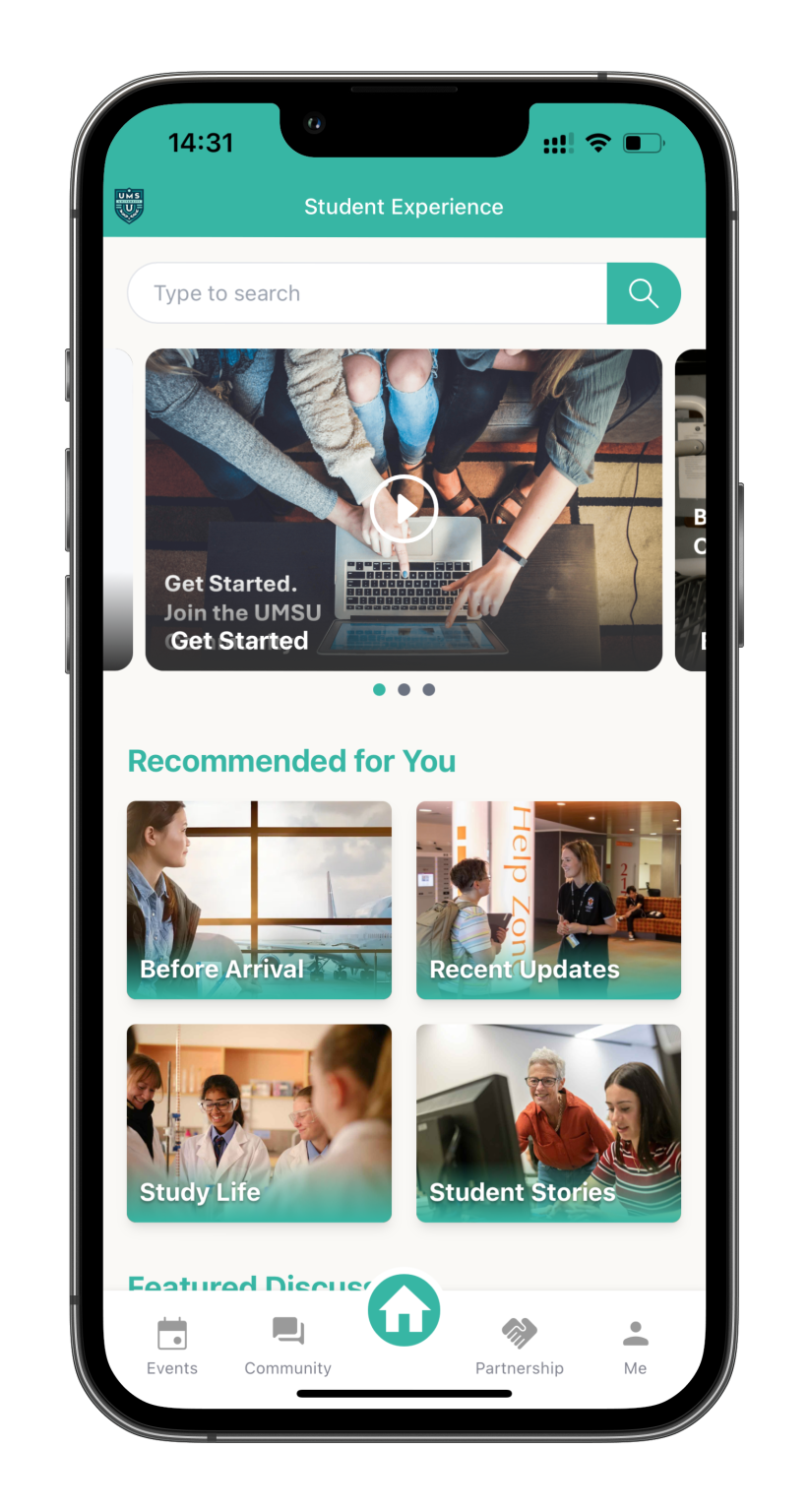 Student Experience Homepage with key sections for navigation